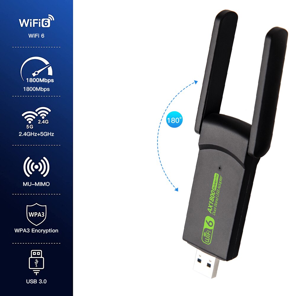 1800Mbps WiFi 6 USB 3.0 Adapter 802.11AX Dual Band 2.4G/5GHz Wireless Wi-Fi Dongle Network Card RTL8832AU Support Win 10/11 PC