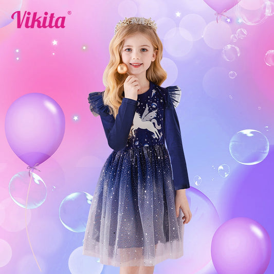 VIKITA Children Unicorn Dresses Girls Birthday Party Performance Prom Gown Elegant Dress Toddlers Long Sleeve Princess Dresses