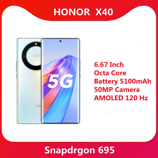 Original HONOR X40 5G Mobile Phone 6.67 Inch Snapdrgon 695 Octa Core Android 12 Battery 5100mAh 50MP Main Camera AMOLED 120 Hz