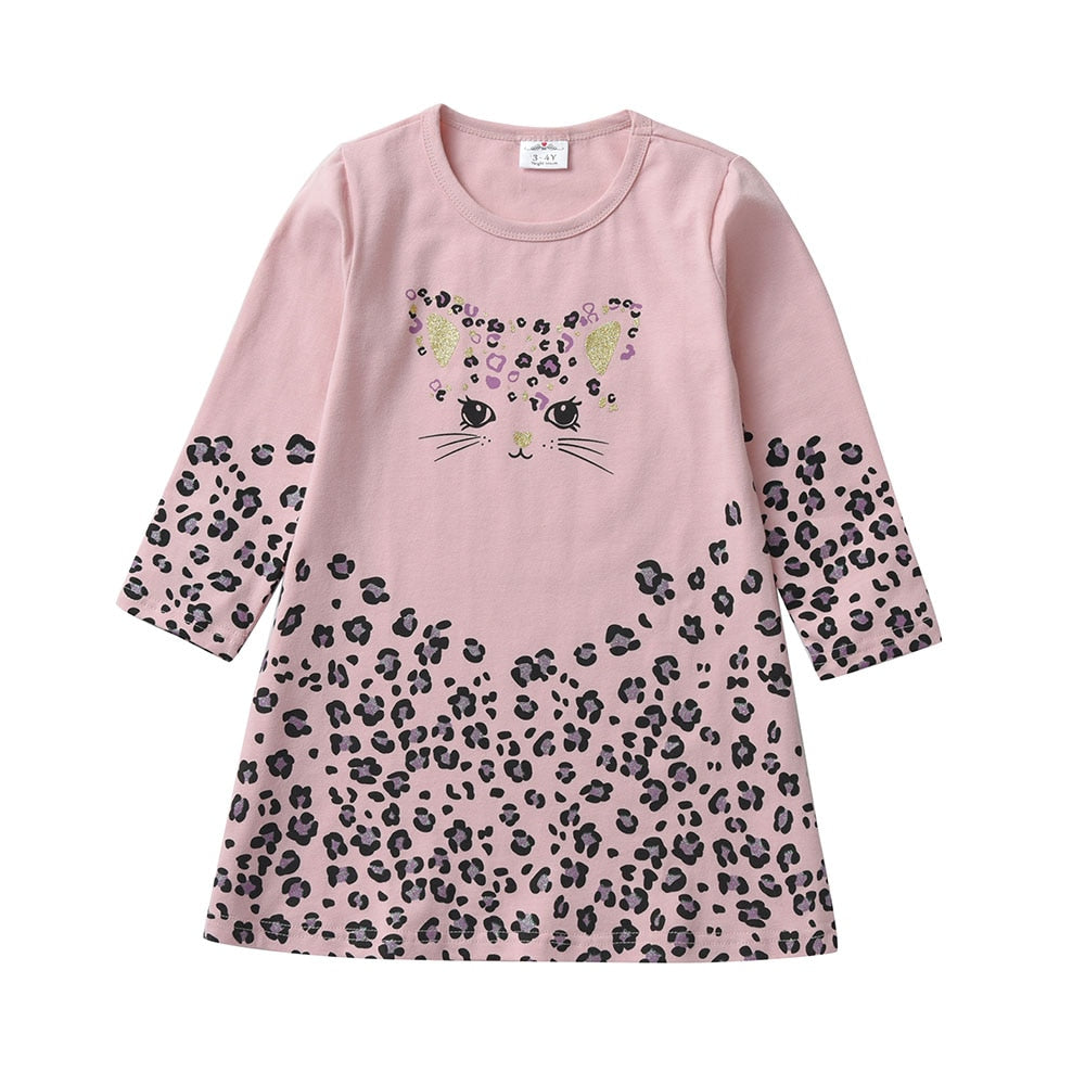 VIKITA Spring and Autum Girls Long Sleeves Dress Cotton Cartoon Children's Clothing Kids Princess Casual Clothes 2-8years