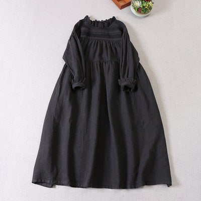 2022 Spring Linen Dress All Japanese  Female Embroidery Lace Collar  Dress  Robes Midi Dress