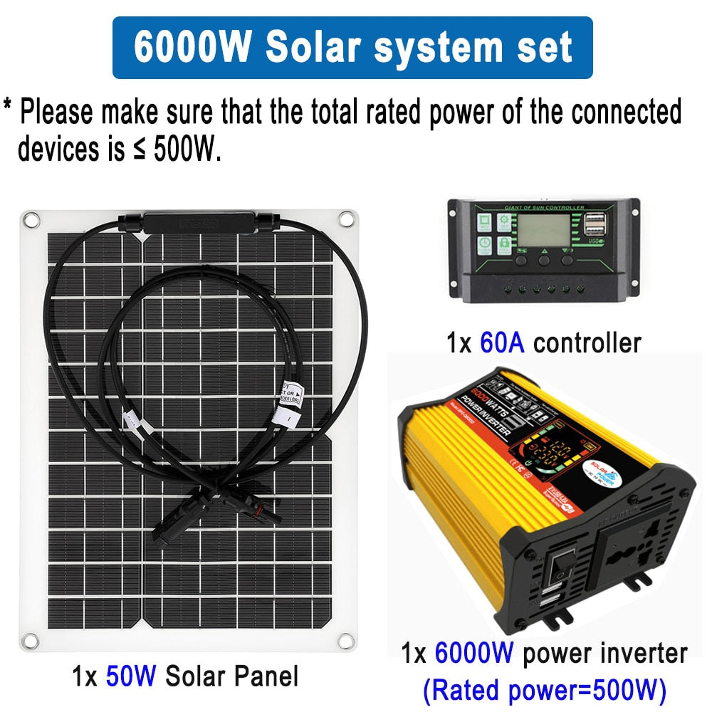 6000W 4000W Power Inverter 12V 50W Solar Panel 60A Controller Solar Power Generator Emergency Battery Charger Universal Socket