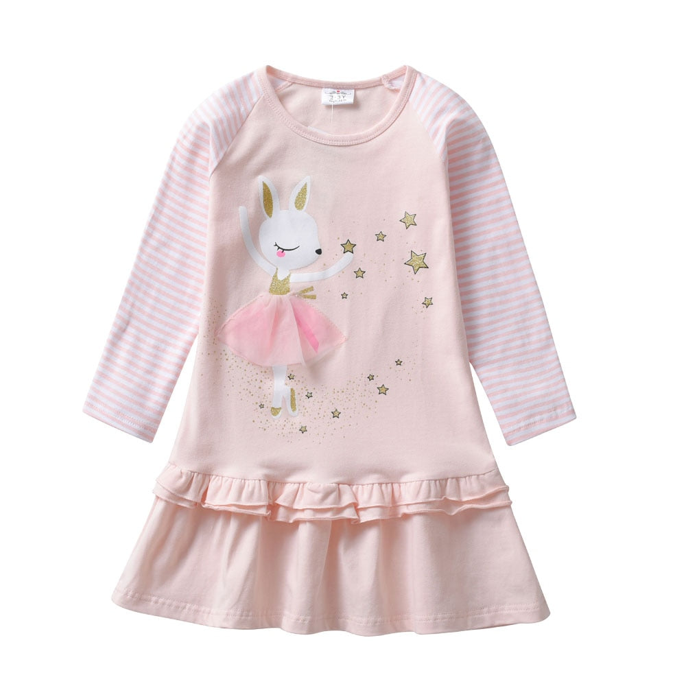 VIKITA Spring and Autum Girls Long Sleeves Dress Cotton Cartoon Children's Clothing Kids Princess Casual Clothes 2-8years