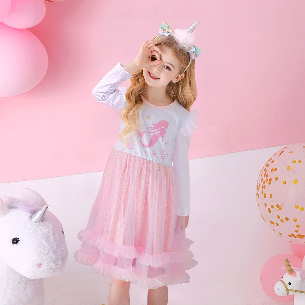 VIKITA Girls Princess Dress Unicorn Sequins Long Sleeve Autumn Dress Kids Birthday Party Wedding Tulle Dresses Children Clothing