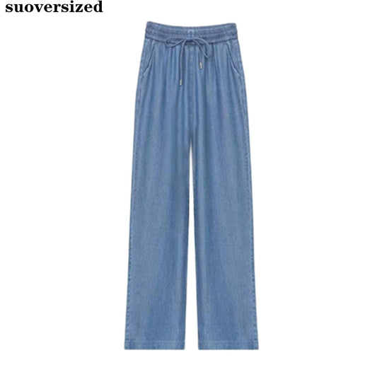 Classic Thin Silk Blue Straight Leg Jeans Women Baggy Pants Elastic High Waist Denim Pantalones Casual Vaquero Korean Capris New