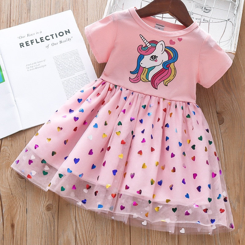 2022 New Summer Girls Dress Cotton Cartoon Unicorn Splicing Mesh Party Princess Dresses For 2-6 Years Girls Birthday Clothes