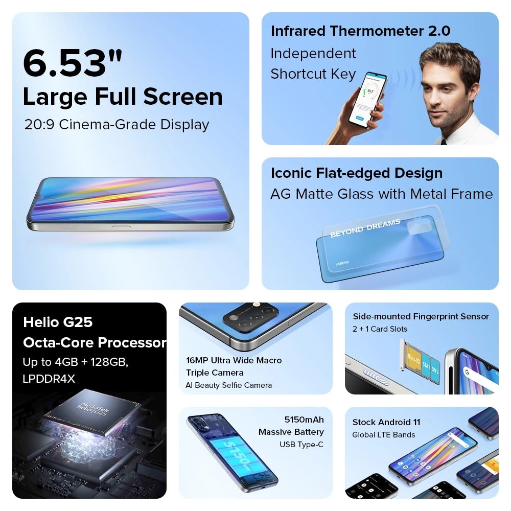 UMIDIGI A11 Global Version 3GB 64GB Smartphone Android11 HelioG25 6.53"16MP AI Triple Camera HD+ 5150mAh