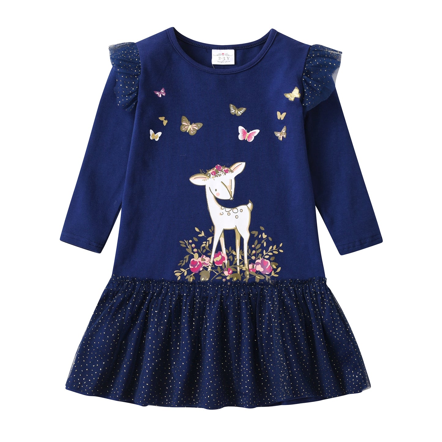 VIKITA Spring and Autum Girls Long Sleeves Dress Cotton Cartoon Children's Clothing Kids Princess Casual Clothes 2-8years