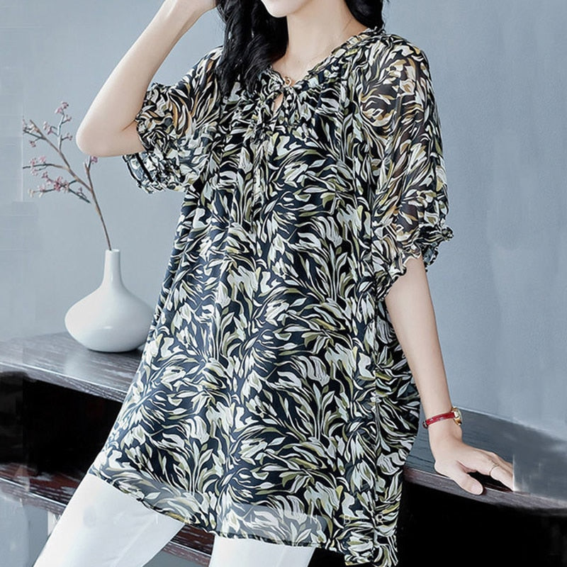 Vintage Floral Printing Drawstring Long Chiffon Shirt Summer 2022 New V-Neck Half Sleeve Loose Pullovers Blouse Ladies Clothing