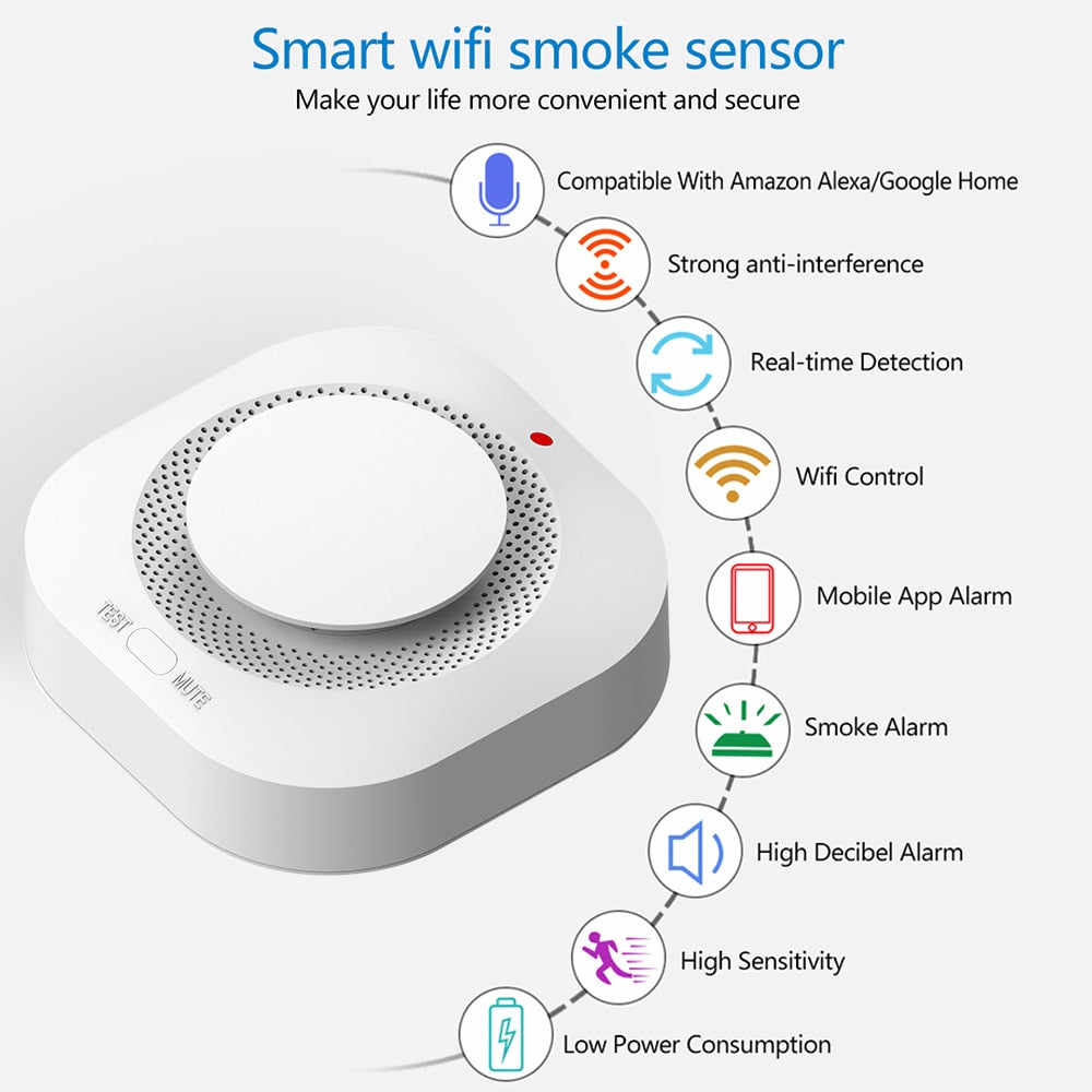 Tuya Wifi Smoke Detector Sensor 90DB Alarm Fire Smart Smoke Detector Wifi Fire Protection Home Security Alarm Smart Life APP