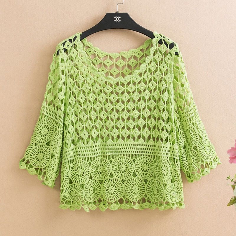 Spring and Summer Knitted Crochet Solid Color Hollow Jacket New Fashion Loose Round Neck Five-point Sleeve Handmade Top Female