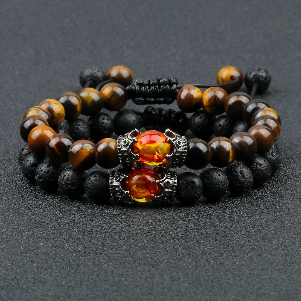 Black Lava Stone Crown Charm Tiger Eye Beads Bracelet For Men Women Braided Bracelets Handmade Adjustable Jewelry Pulseira