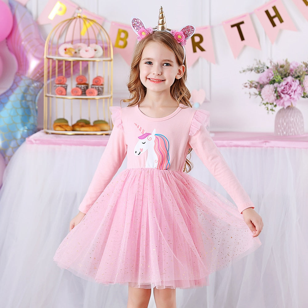 VIKITA Children Unicorn Dresses Girls Birthday Party Performance Prom Gown Elegant Dress Toddlers Long Sleeve Princess Dresses