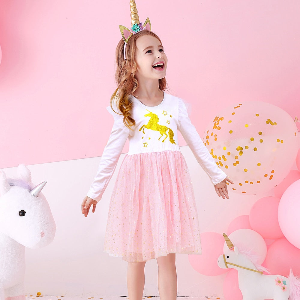 VIKITA Girls Princess Dress Unicorn Sequins Long Sleeve Autumn Dress Kids Birthday Party Wedding Tulle Dresses Children Clothing