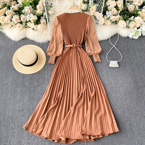 New 2021 Women Elegant Maxi Dress Spring Summer Patchwork Puff Long Sleeve Pleated Muslim Long Dresses Ladies Party Dress