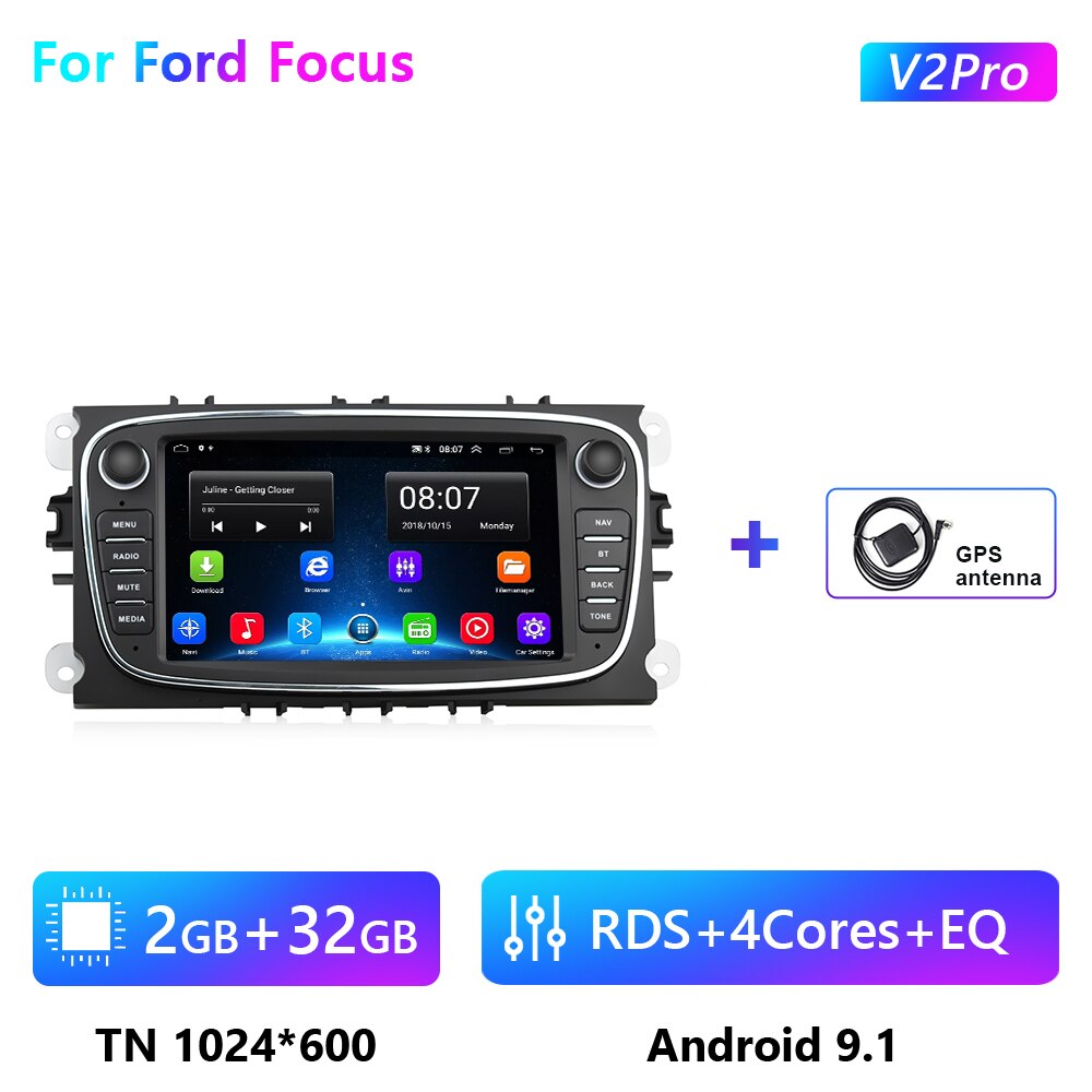 Podofo Car Radio Android 10 8+128GB GPS WIFI 4G For Ford Focus S-Max Mondeo Galaxy C-Max 7 Inch Car Multimedia player Autoradio