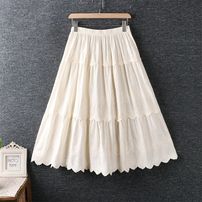 Summer Sweet Elastic Waist Embroidery   Loose   Cotton And Linen Skirt