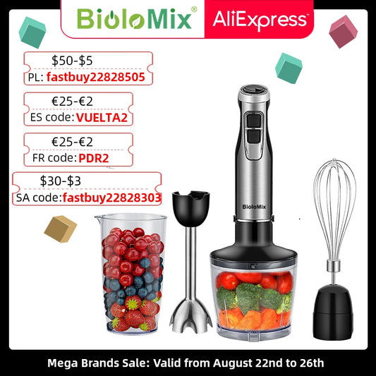 BioloMix 4 in 1 High Power 1200W Immersion Hand Stick Blender Mixer Includes Chopper and Smoothie Cup Stainless Steel Ice Blades