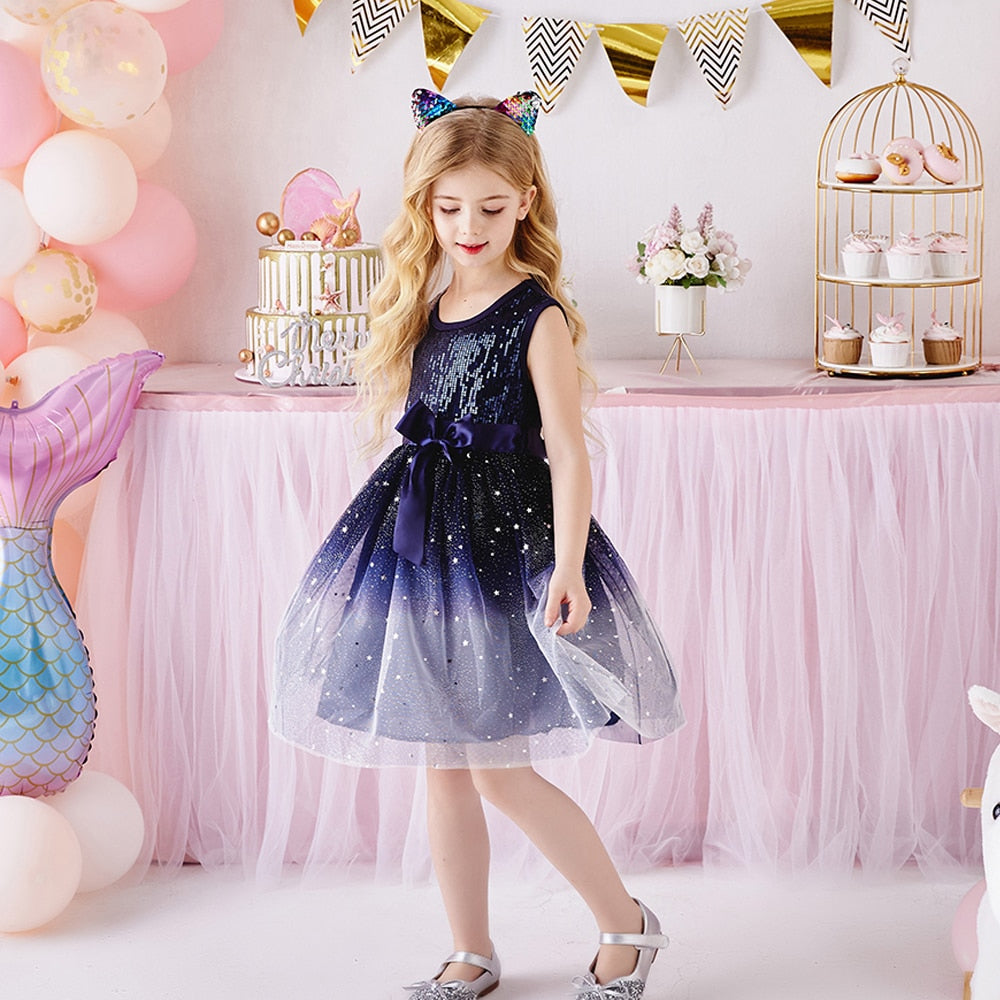 VIKITA Girls Dresses 2022 Girls Sequins Sleeveless Dresses Kids Elegant Cute Princess Tutu Vestidos Children Summer Tulle Dress