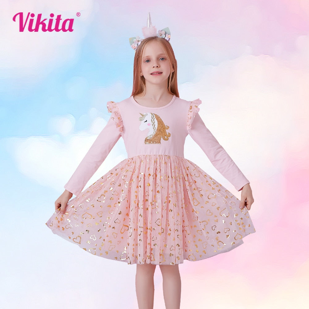 VIKITA Girls Princess Dress Unicorn Sequins Long Sleeve Autumn Dress Kids Birthday Party Wedding Tulle Dresses Children Clothing