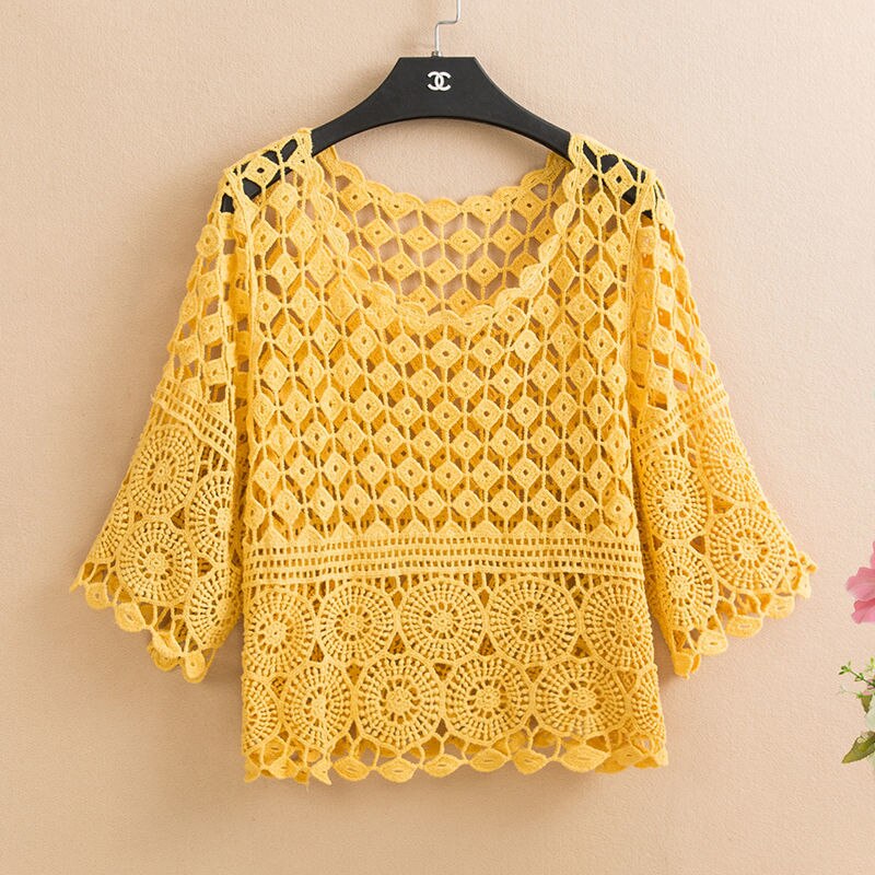 Spring and Summer Knitted Crochet Solid Color Hollow Jacket New Fashion Loose Round Neck Five-point Sleeve Handmade Top Female