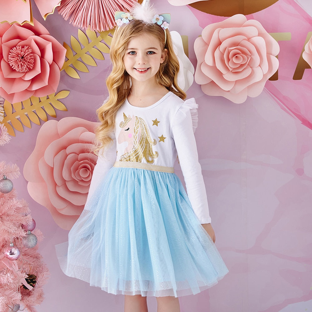 VIKITA Children Unicorn Dresses Girls Birthday Party Performance Prom Gown Elegant Dress Toddlers Long Sleeve Princess Dresses