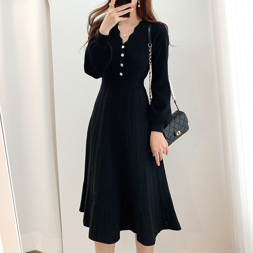 Vintage One Piece Korean Pleated Dress Long Sleeve Slim Woman Sweater Dresses Knitted Elegant Midi Party Woman Dress Autumn 2022