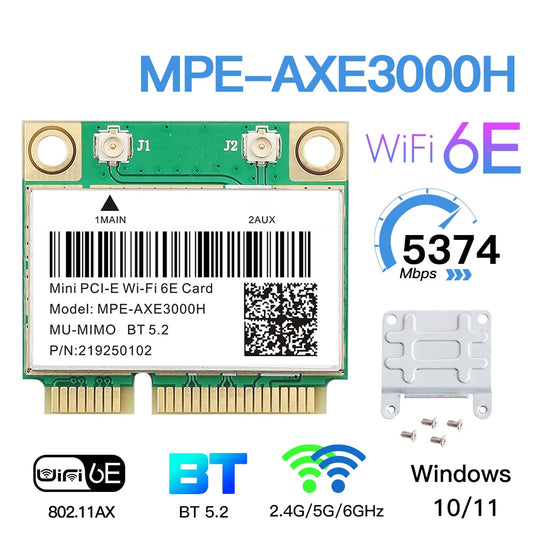 Tri Band 5374Mbps WiFi 6E AX210 Mpe-AXE3000H/ AC7265 Wireless Card BT 5.2 For Mini PCIE Wi-Fi Adapter Win10 For Desktop/Laptop