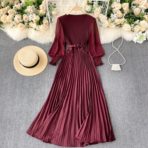 New 2021 Women Elegant Maxi Dress Spring Summer Patchwork Puff Long Sleeve Pleated Muslim Long Dresses Ladies Party Dress