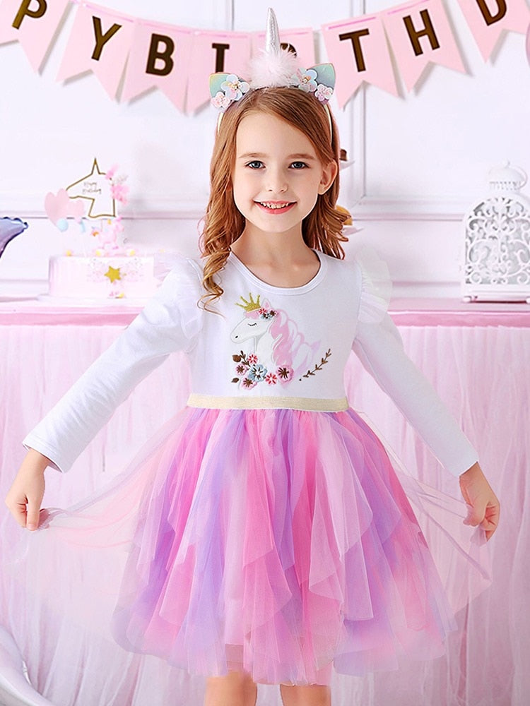 VIKITA Girls Princess Dress Unicorn Sequins Long Sleeve Autumn Dress Kids Birthday Party Wedding Tulle Dresses Children Clothing