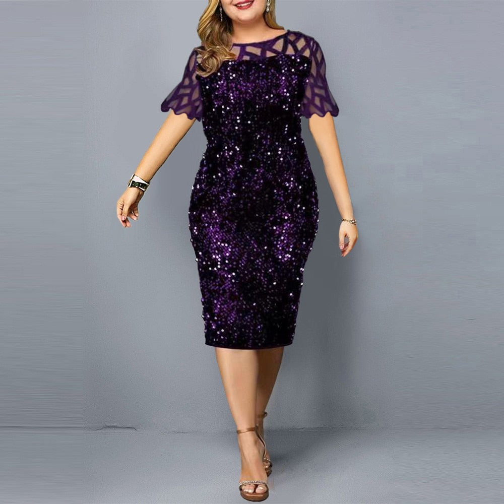 Plus Size Dresses Elegant Sequin Slim Party Dress for Women 2022 Summer Mesh Short Sleeve Midi Evening Club Dress Casual Outfits