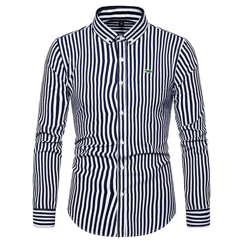 M-5XL Men's Shirt Business Brand Design Embroidery- Logo Casual Striped Blouse Hommes Clothing Male Fashion Slim Dress Shirts