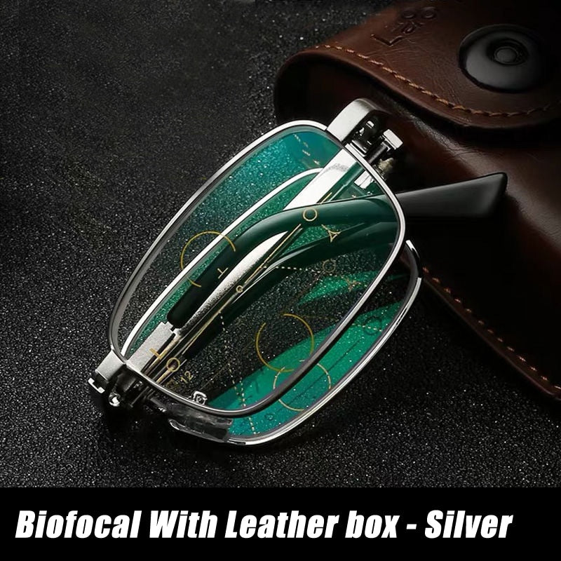 Folding Reading Glasses Portable Progressive Biofocal Eyewear Mens Parent Anti-Blue Ray Presbyopic Eyeglasses with Leather Case