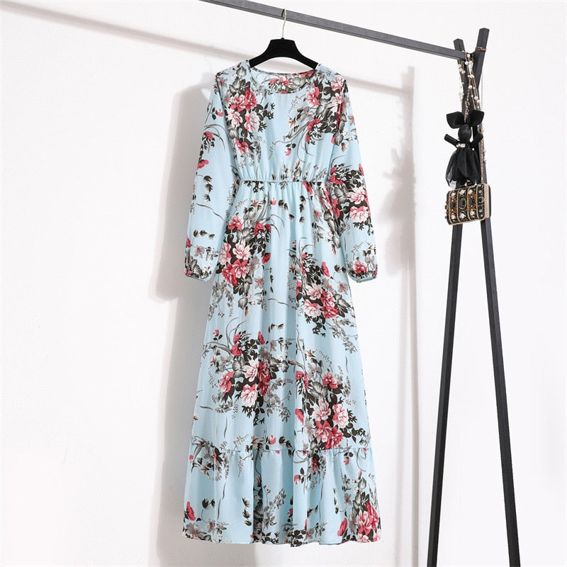 Women Floral Printed Maxi Dresses Spring Summer Casual O Neck Full Sleeve High Waist A Line Boho Beach Party Long Dress Vestidos