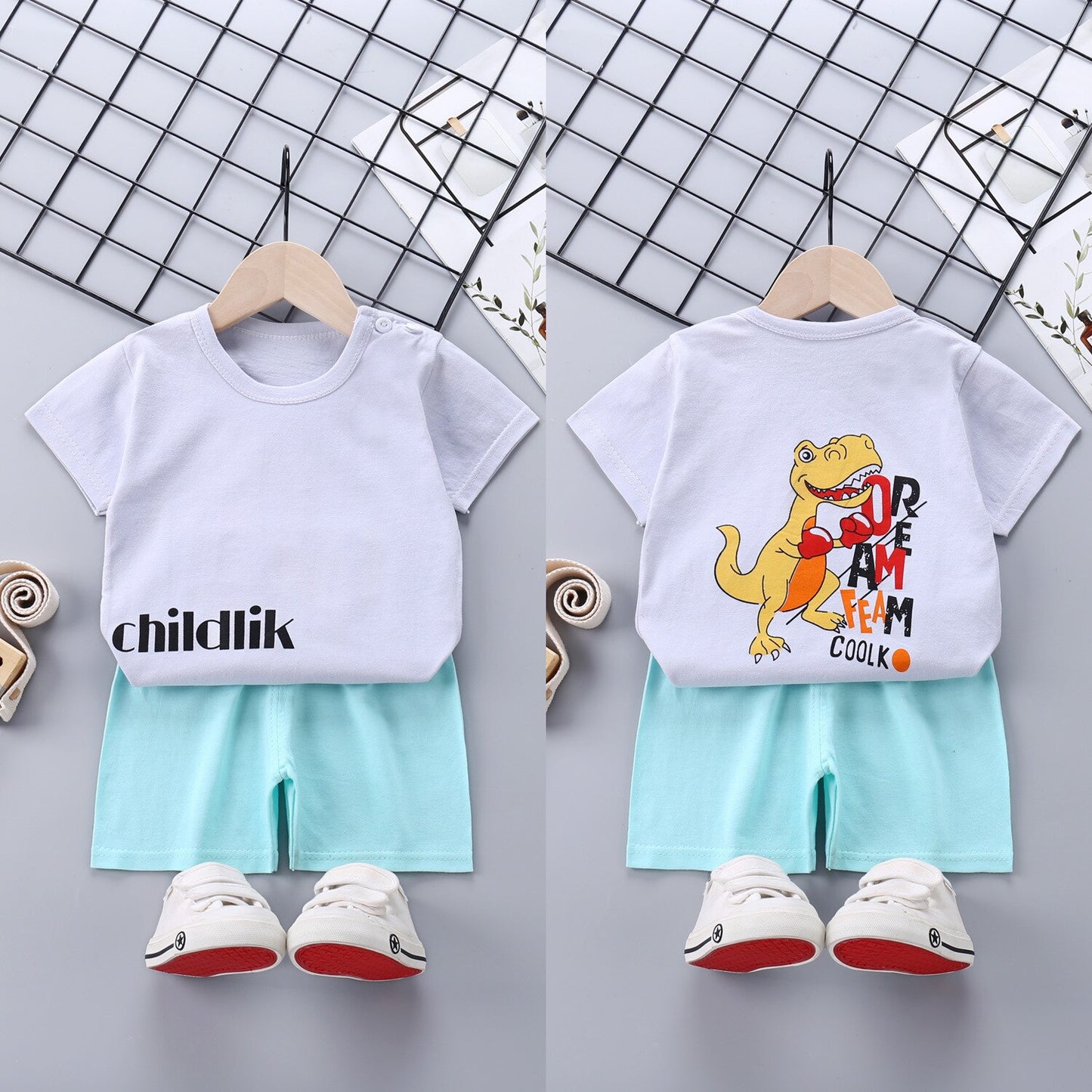 2022 Summer Baby Short-sleeved Shorts Suit Cotton Cartoon Casual Boys and Girls T-shirt Shorts Clothing Kids Clothing