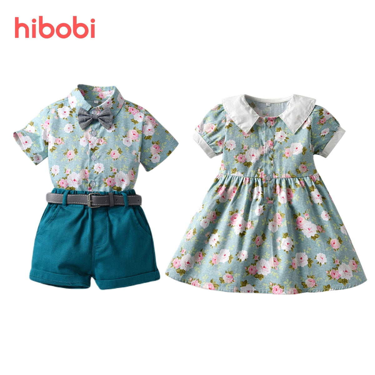 hibobi Floral Print Short Sleeve Dress & Blouse and Shorts Suit for Brother and Sister