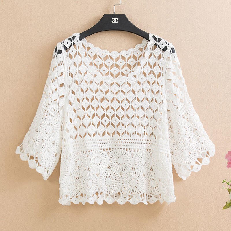 Spring and Summer Knitted Crochet Solid Color Hollow Jacket New Fashion Loose Round Neck Five-point Sleeve Handmade Top Female