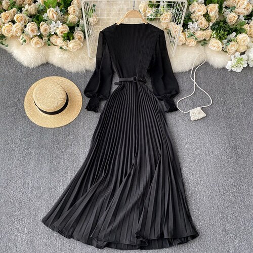 New 2021 Women Elegant Maxi Dress Spring Summer Patchwork Puff Long Sleeve Pleated Muslim Long Dresses Ladies Party Dress