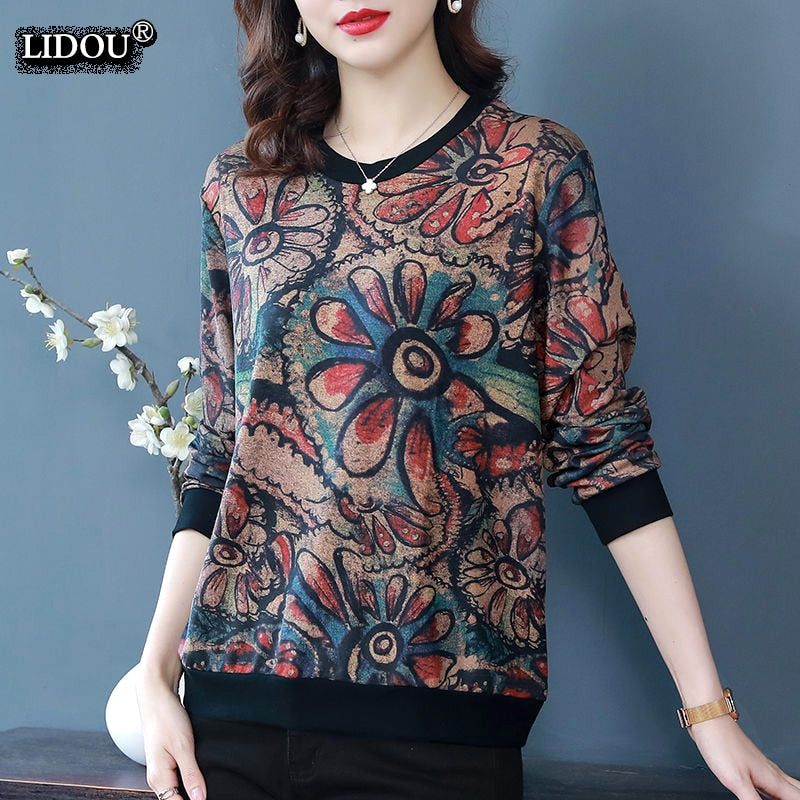 Fashion Skinny O-neck Vintage Print Long Sleeved T-shirts Spring Autumn Floral Elegant Popularity Trend Women's Clothing