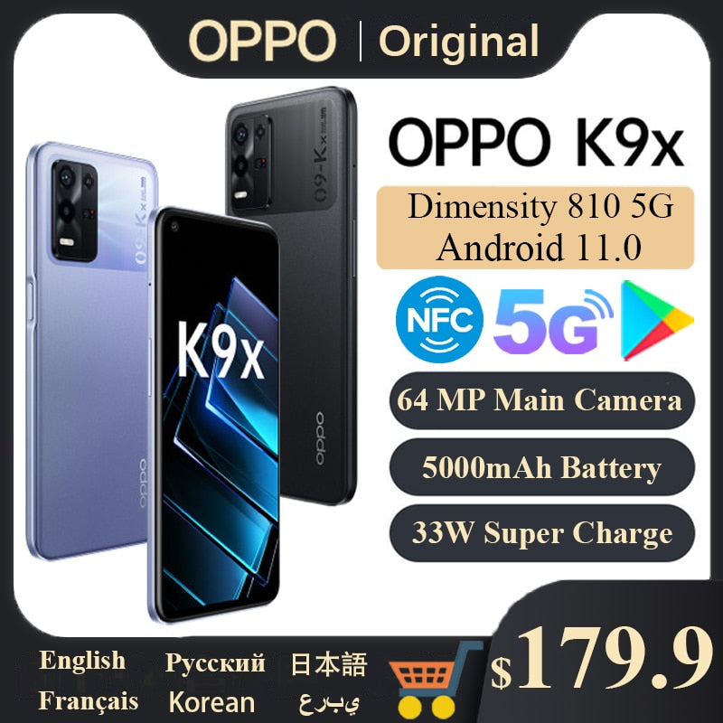 OPPO K9X 5G Smartphone Dimensity 810 Octa Core 6.5inch 90Hz FHD Screen 5000mAh Battery 64MP Camera Colos OS Mobile Phones