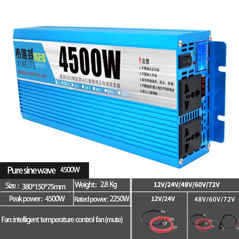 Solar Inverter Pure Sine Wave 4500W 9000W Vehicle 12V 24V Battery 48V 60V 72V to 220V High-Power Conversion