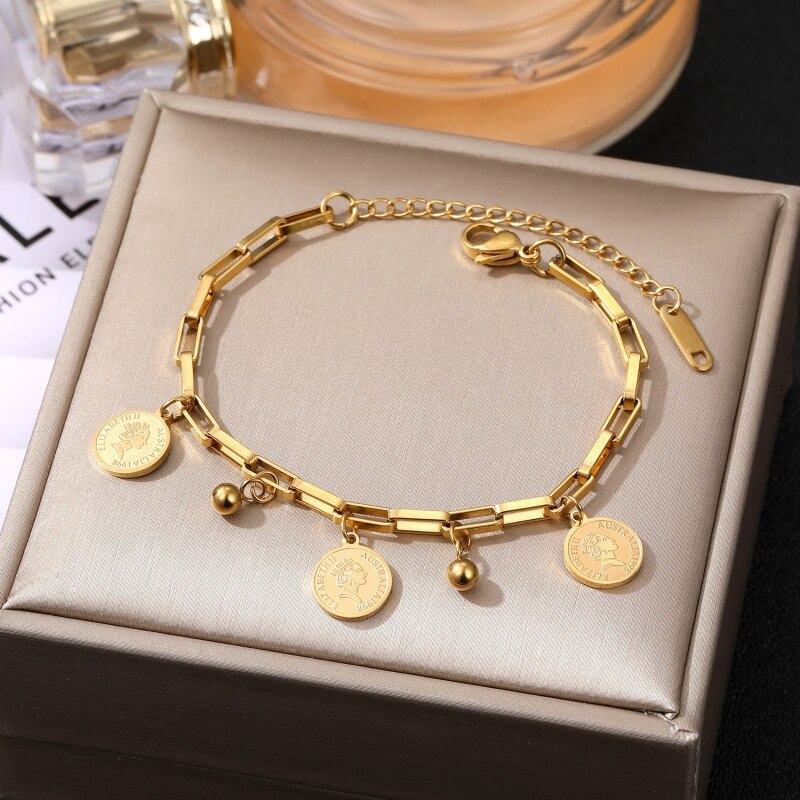 1pcs Gold Bracelet Ladies Hip Hop Style Stainless Steel Round Sign Portrait Pendant Wide Cross Chain Jewelry