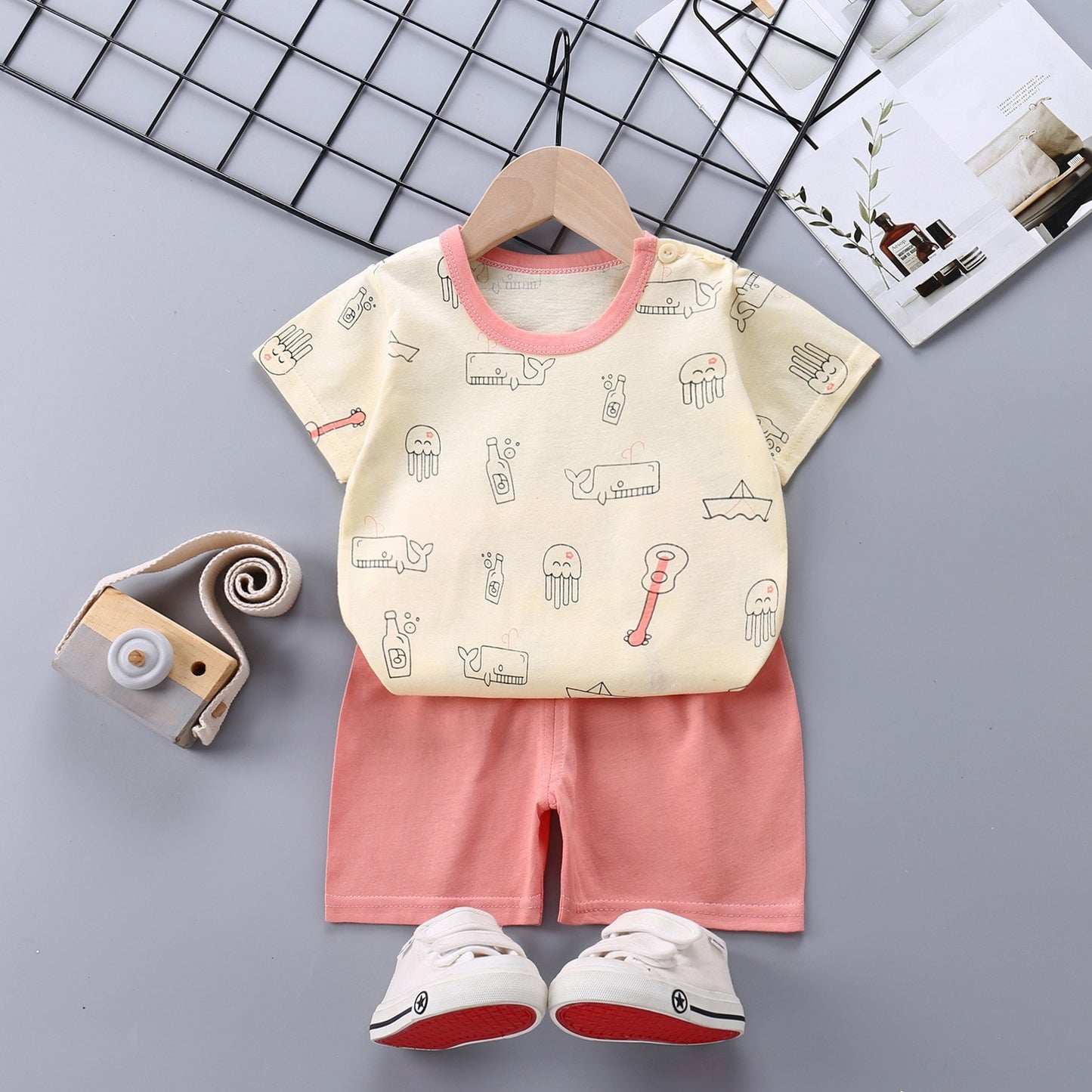 2022 Summer Baby Short-sleeved Shorts Suit Cotton Cartoon Casual Boys and Girls T-shirt Shorts Clothing Kids Clothing