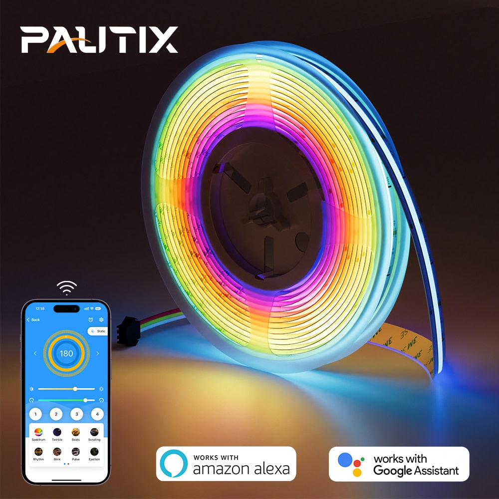 PAUTIX 12V/24V COB RGBIC Pixel Addressable LED Strip Light Kit Smart Wifi Bluetooth App Control Work With Alexa/Google Home