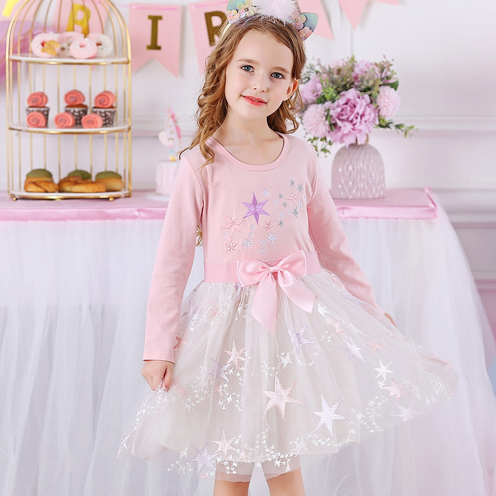 VIKITA Spring and Autum Girls Long Sleeves Dress Cotton Cartoon Children's Clothing Kids Princess Casual Clothes 2-8years