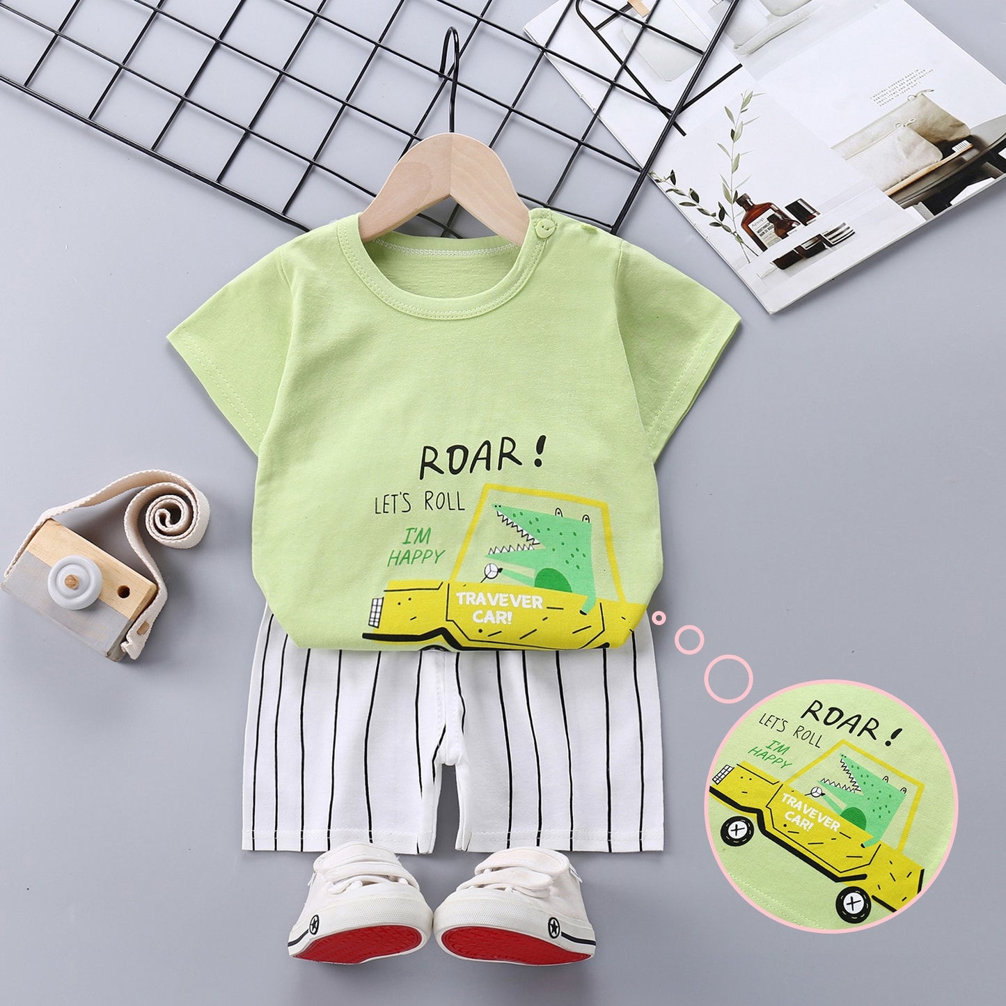 2022 Summer Baby Short-sleeved Shorts Suit Cotton Cartoon Casual Boys and Girls T-shirt Shorts Clothing Kids Clothing