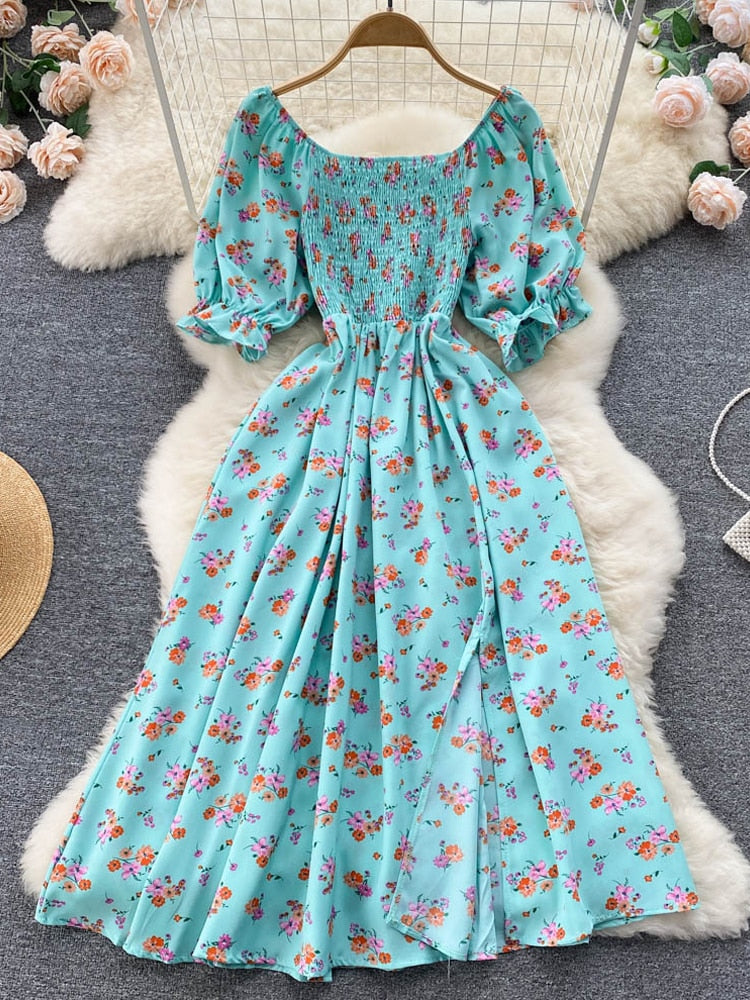 YuooMuoo Limited Big Sale Women Dress Fashion Romantic Floral Print Split Long Summer Dress Puff Sleeve Party Korean Vestidos