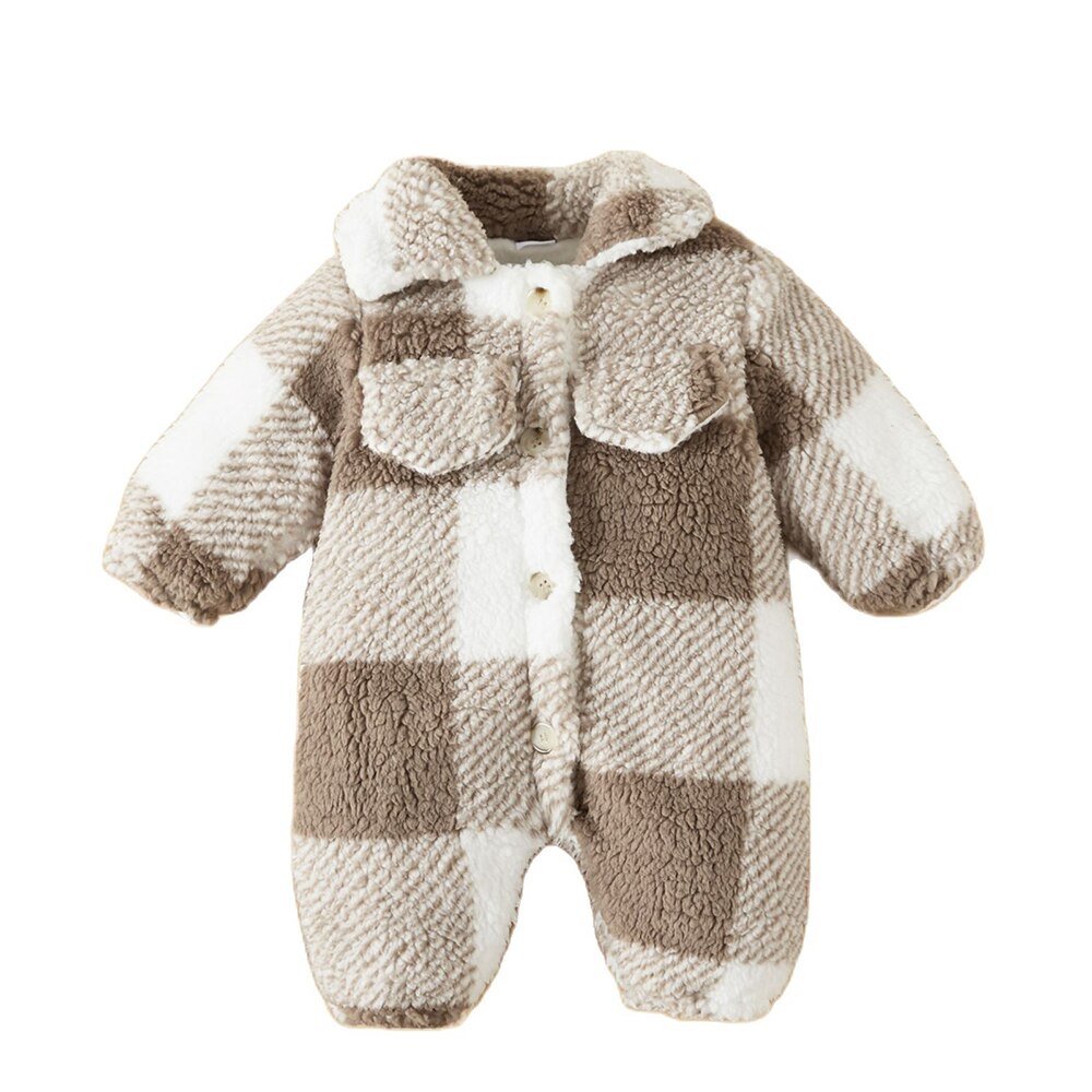 PatPat Toddler Girl / Boy Coat Outwear Plaid Lapel Collar Button Design Coat Khaki Plaid Fluffy Baby Lapel Long-sleeve Jumpsuit