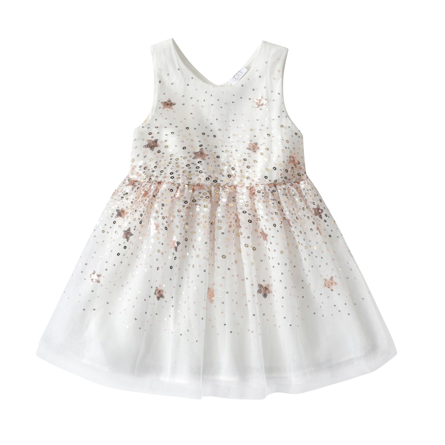 VIKITA Girls Sleeveless Summer Dress Kids Star Sequined Party Shiny Dress Children Mesh Elegant Princess Casual Costumes 3-8Yrs