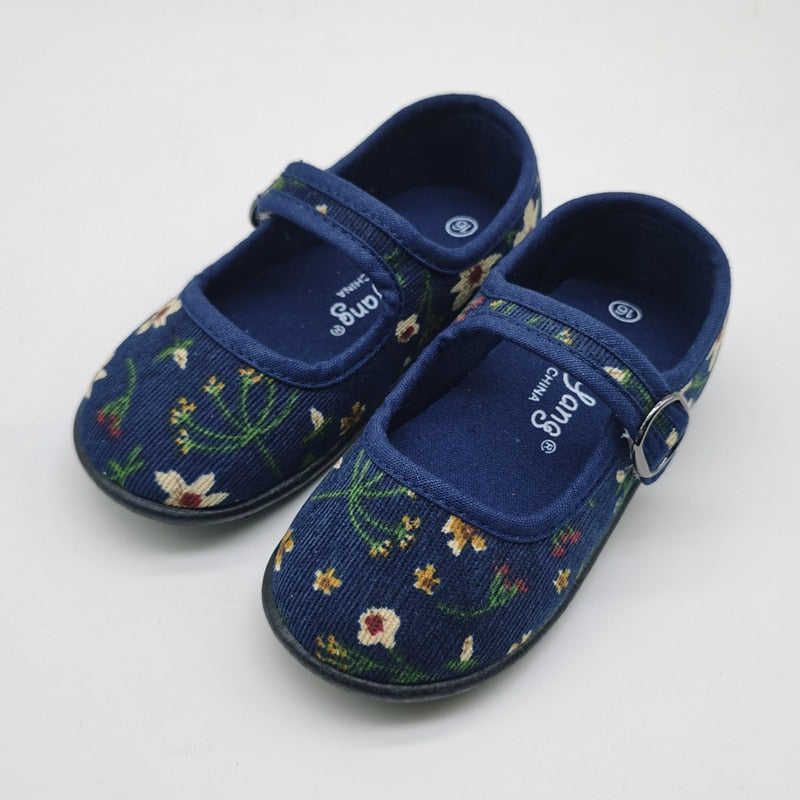 HoneyCherry New Corduroy Floral Canvas Shoes Girls Square Mouth Indoor Shoes Soft Soled Non-slip Shoes